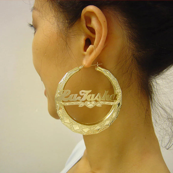 10k Real Gold Custom Name Door Knocker Hoop Earrings – 2.9 Inch Round with Diamond-Cut Heart