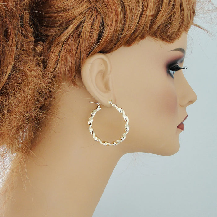 10k Yellow Gold Twisted Hollow Hoop Earrings – 4mm Round, 1.5 Inches