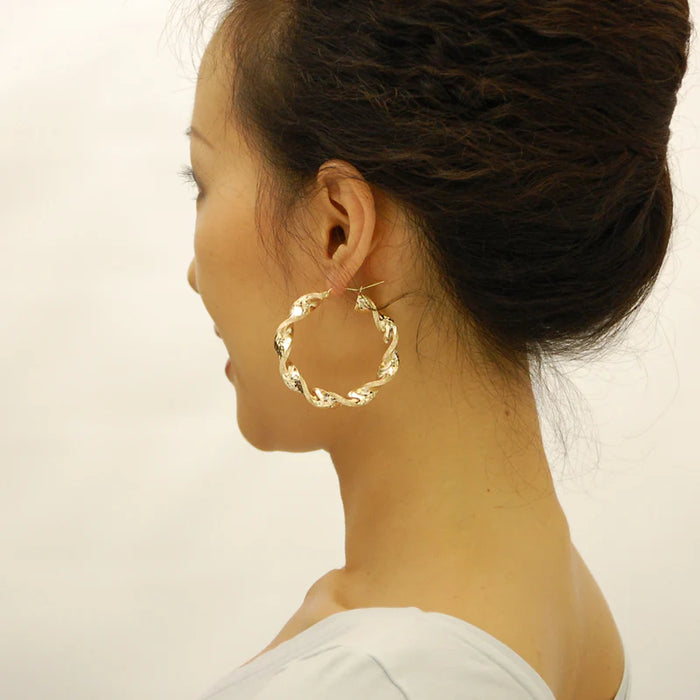 10k Real Gold Thick Twisted Hoop Earrings – 8mm Hollow Round, 2 Inch Diameter