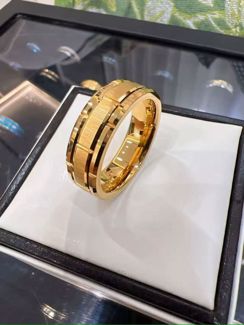 Men's 18K Gold IP Comfort Fit Brick Tungsten Ring - 8mm-Rings-Sairahaz Jewelers