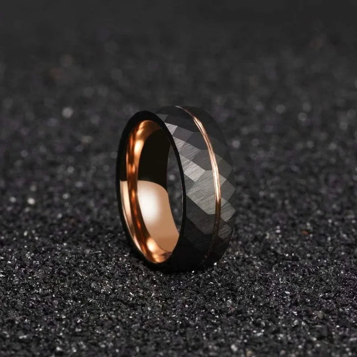 Black Tungsten Ring Thin Rose Gold Groove Hammered Comfort fit-Rings-Sairahaz Jewelers