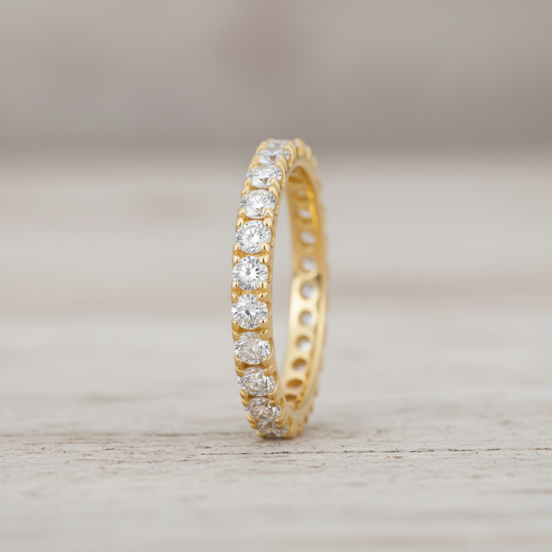 18k gold plated eternity rings with clear mossinaite shown side by side on a white background, with measurement callouts indicating 1.5mm and 2.