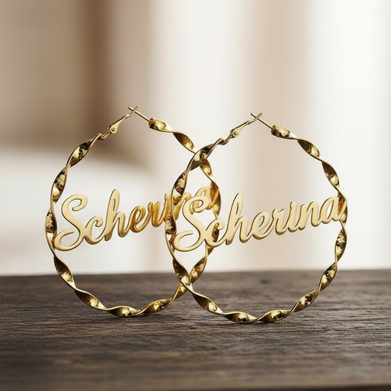 Large Twist Hoop Custom Name Earrings – Personalized 60mm Hoops