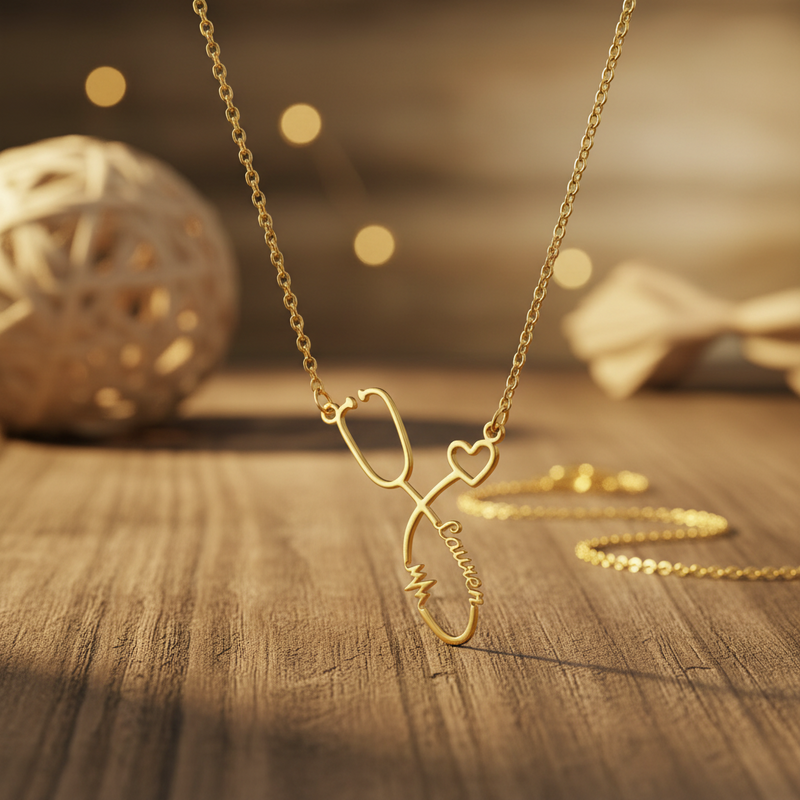 Heartbeat Stethoscope Custom Name Necklace