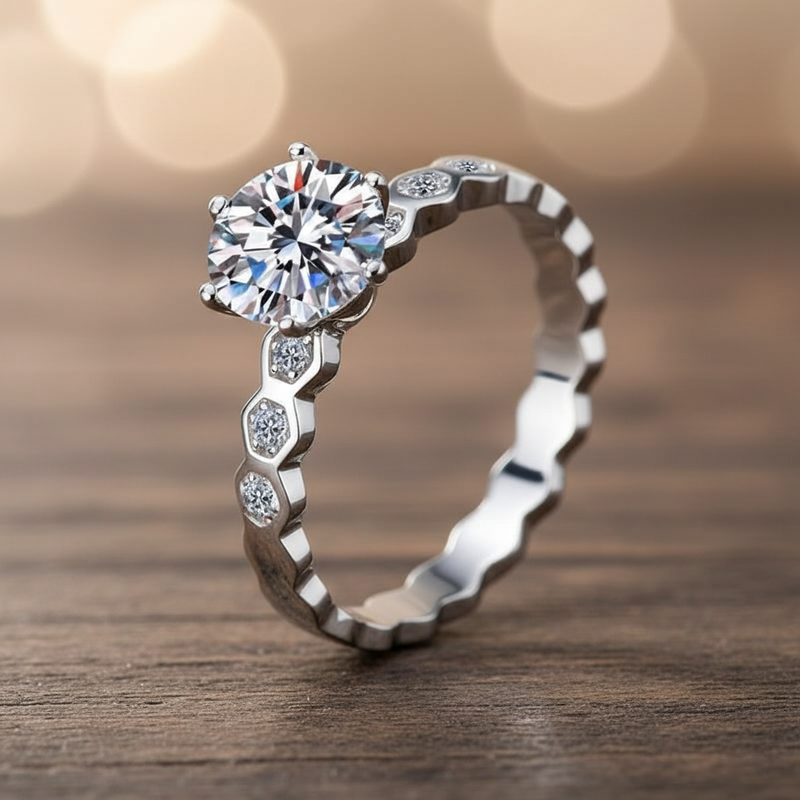 Honeycomb Shape Moissanite Solitaire Engagement Ring