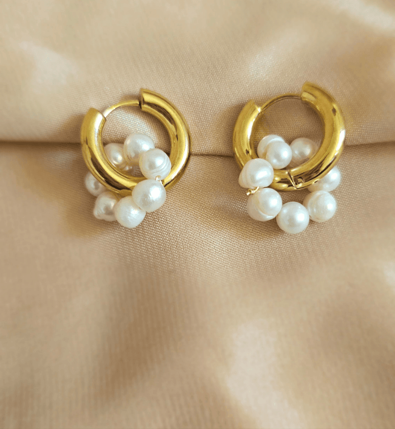 Flower Pearl Tunnel Hoop Earrings - Freshwater Pearls with Hoops-Pearl Jewelry-Sairahaz Jewelers