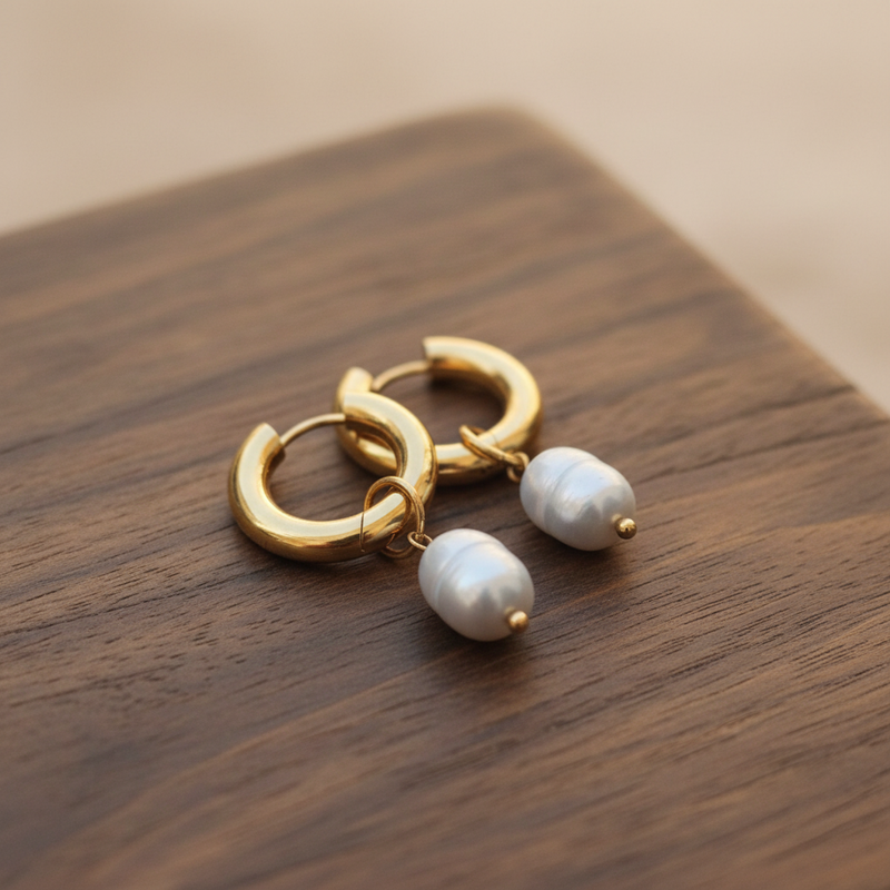 Pendientes Huggie de Aro con Perlas Blancas Colgantes