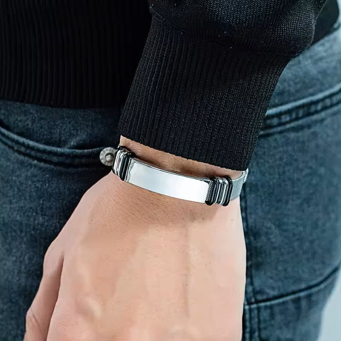 Detailed view of Custom Photo Bracelets Metallic Mesh on a hand, highlighting high-quality stainless steel and durable silicone band, available in silver and black.