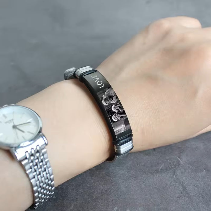 Custom Photo Bracelets Metallic Mesh being worn on a hand, showcasing sleek silver and bold black finishes, customizable with personal photos- Gift for him