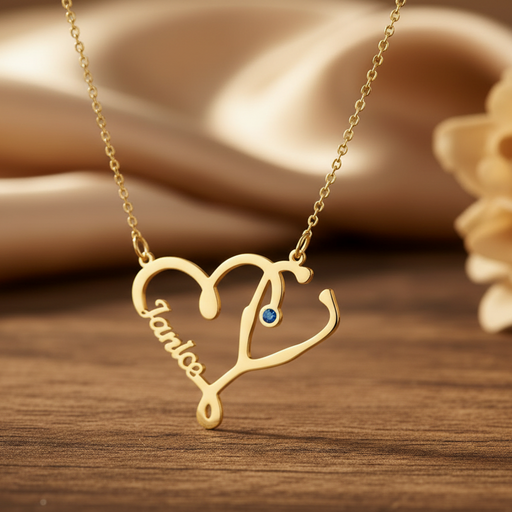 Personalized stethoscope name necklace with CZ birthstone detail