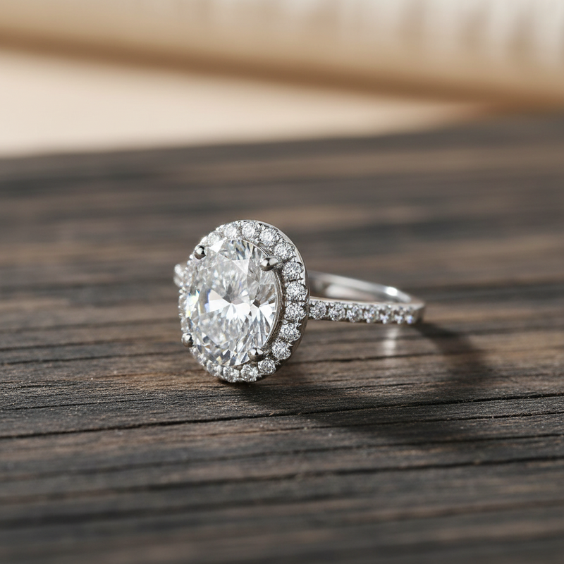 Oval Cut Halo 1 Carat Moissanite Ring in Sterling Silver