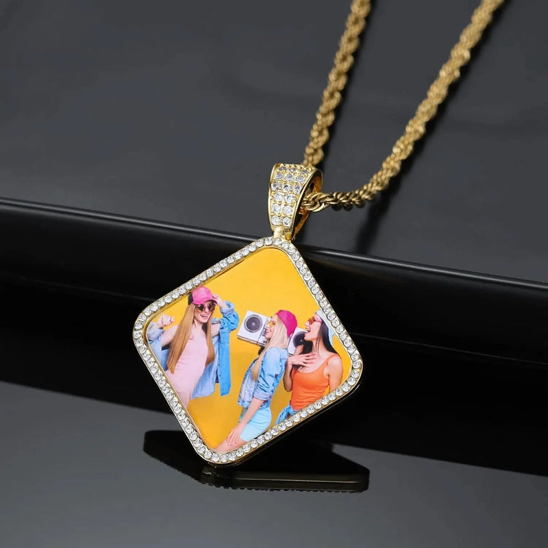 Picture Pendent Diamond Shape CZ Frame Caharm Necklace