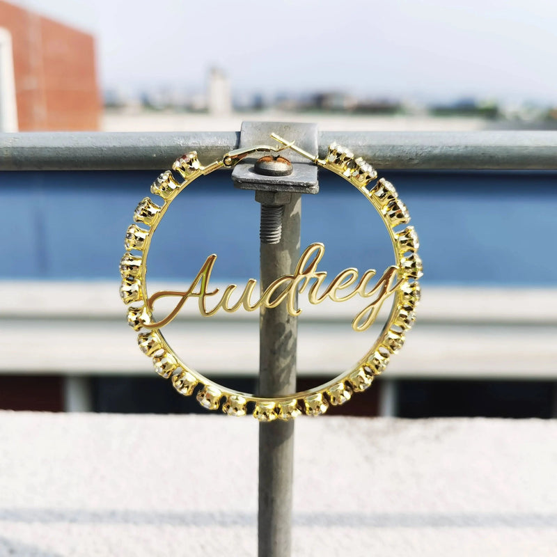 Rhinestone Custom Name Earrings Hoop