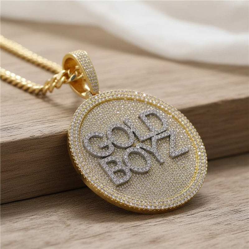 Round Medalion CZ Men's Custom Name Necklace