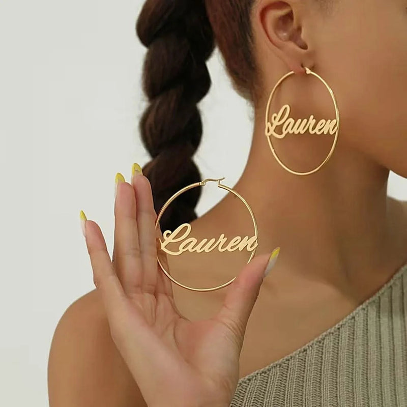 Custom Name Hoop Earrings Personalized Gold Color Stainless Steel for Earrings Women Letter Nameplate Circle Jewelry Gifts-Sairahaz Jewelers