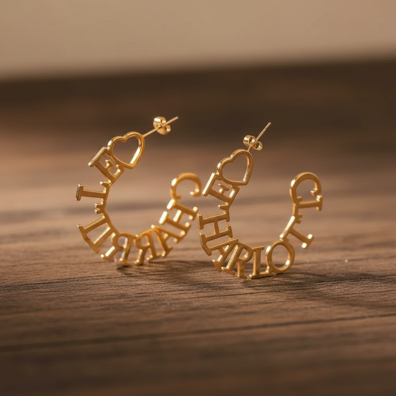 Pendientes de aro en forma de C con nombre personalizado – Chapado en oro, oro rosa y plata