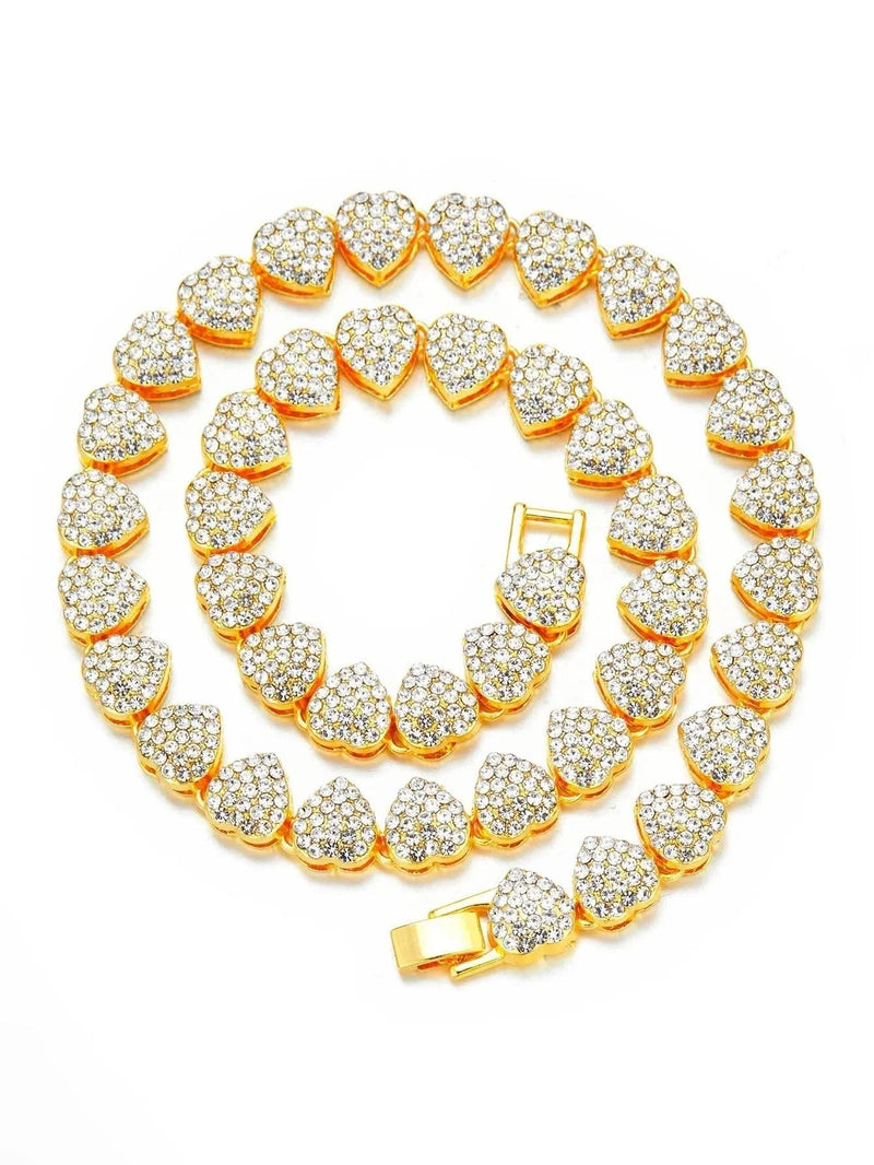 Heart Shape Charming Rhinestone Cuban Link Chain-Cubin Chains-Sairahaz Jewelers