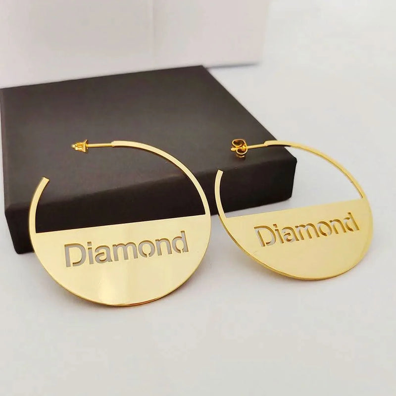 40mm-70mm Custom Name Earrings Personalized Round Letter Earring Stainless Steel Hollow Bar Name Hoop Earring Women Jewelry Gift-Sairahaz Jewelers