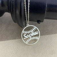 Personalized baseball name pendant necklace in polished stainless steel