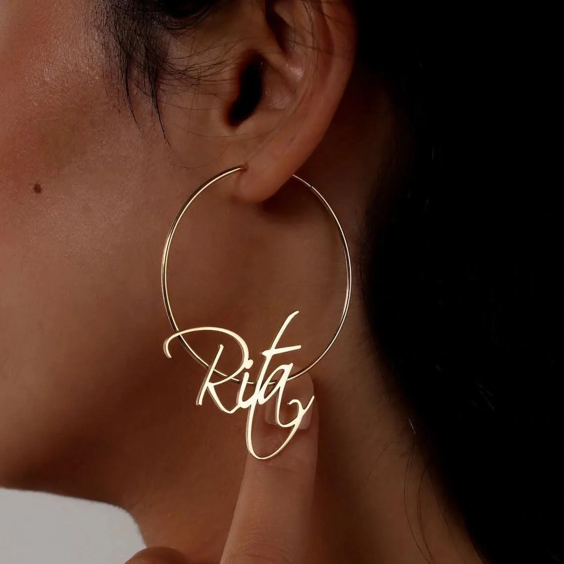 Personalized Hoop Script Name Earrings 18K Gold Vermeil - Sairahaz