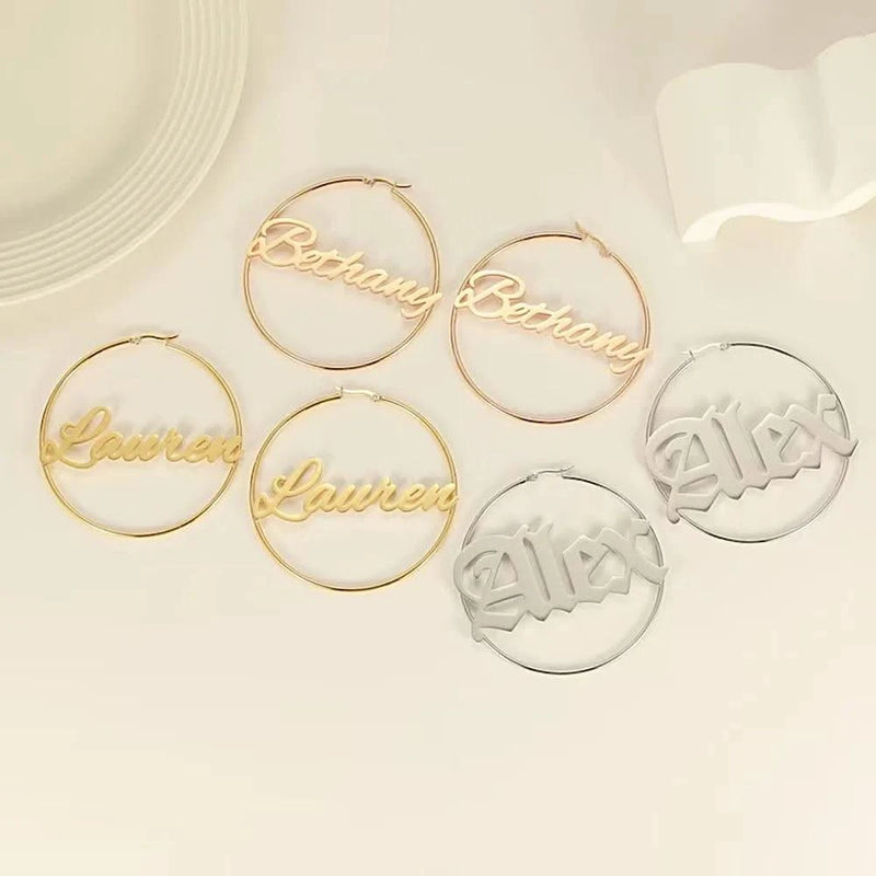 Custom Name Hoop Earrings Personalized Gold Color Stainless Steel for Earrings Women Letter Nameplate Circle Jewelry Gifts-Sairahaz Jewelers