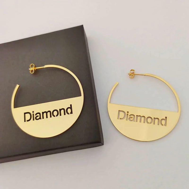 40mm-70mm Custom Name Earrings Personalized Round Letter Earring Stainless Steel Hollow Bar Name Hoop Earring Women Jewelry Gift-Sairahaz Jewelers