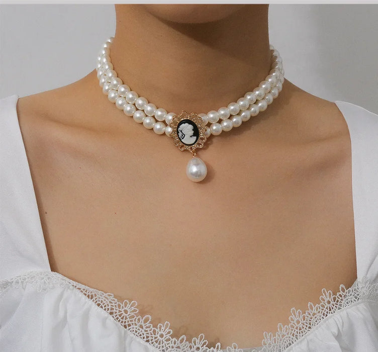 Women Layered Short Pearl Collar Choker Necklace