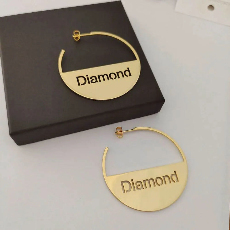 40mm-70mm Custom Name Earrings Personalized Round Letter Earring Stainless Steel Hollow Bar Name Hoop Earring Women Jewelry Gift-Sairahaz Jewelers