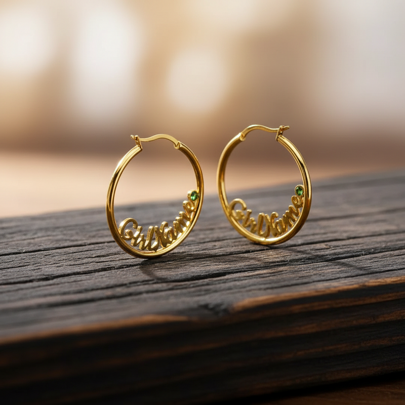 Birthstone Custom Name Hoop Earrings – Personalized in Gold, Rose Gold & Silver