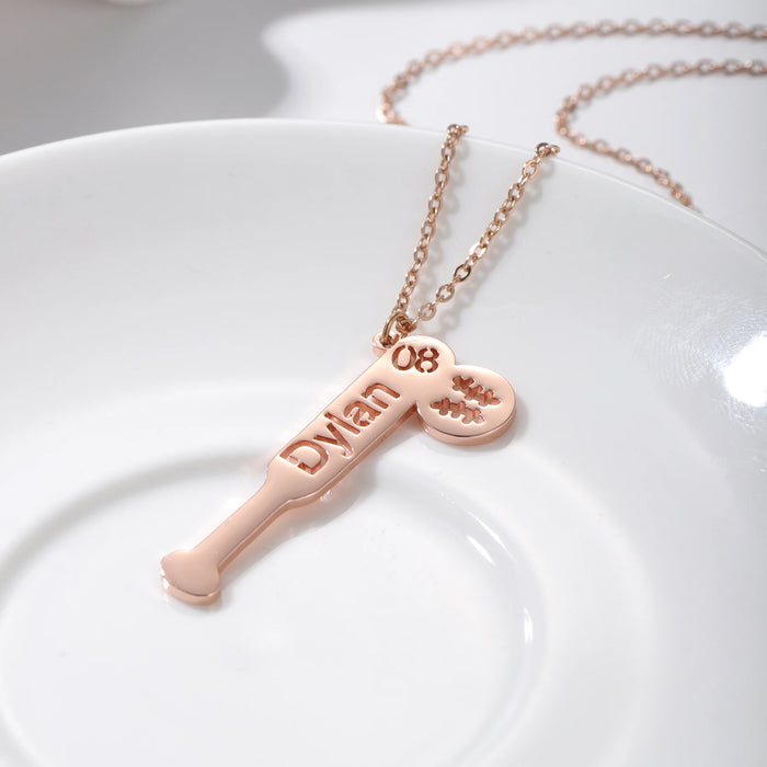 Baseball Bat & Ball Name Necklace with Number-Custom Baseball Necklace-Sairahaz Jewelers