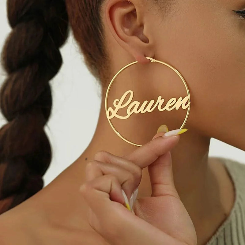 Custom Name Hoop Earrings Personalized Gold Color Stainless Steel for Earrings Women Letter Nameplate Circle Jewelry Gifts-Sairahaz Jewelers