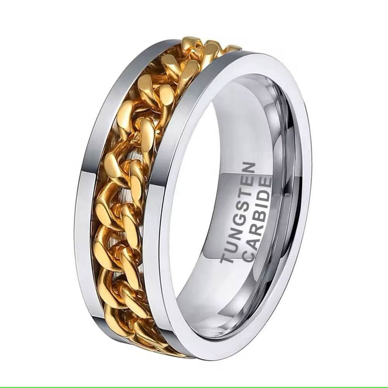 Men's 18k IP Cuban Link Spiner on Silver Tungsten Ring confort fit-Rings-Sairahaz Jewelers