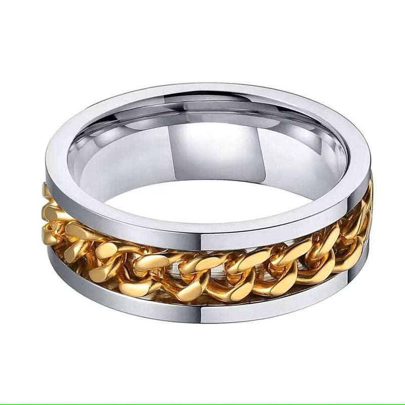 Men's 18k IP Cuban Link Spiner on Silver Tungsten Ring confort fit-Rings-Sairahaz Jewelers
