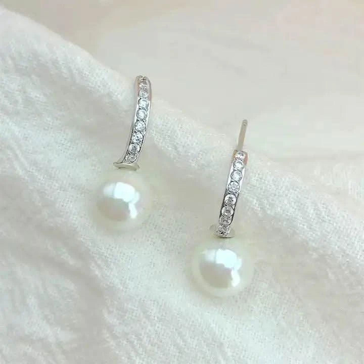 Dangling Pearl Drop Earrings with CZ-Pearl Jewelry-Sairahaz Jewelers