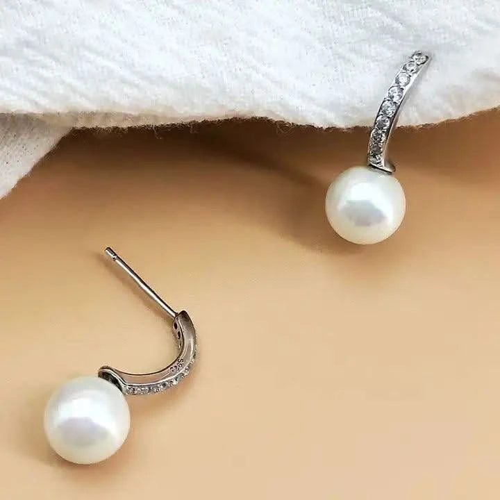 Dangling Pearl Drop Earrings with CZ-Pearl Jewelry-Sairahaz Jewelers