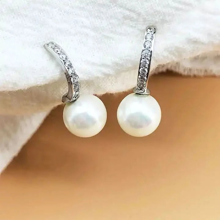 Dangling Pearl Drop Earrings with CZ-Pearl Jewelry-Sairahaz Jewelers