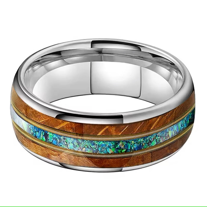 Men's Whiskey Wood Guitar String Green Opal Inlay Comfort Fit Tungsten Ring-Rings-Sairahaz Jewelers