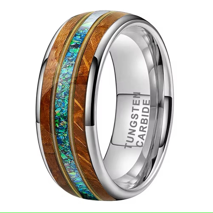 Men's Whiskey Wood Guitar String Green Opal Inlay Comfort Fit Tungsten Ring-Rings-Sairahaz Jewelers