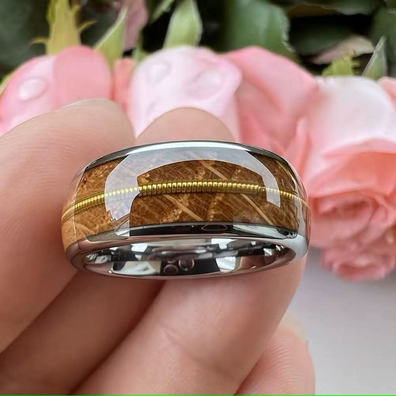 Men's Oak Wood Guitar String Inlay Comfort Fit Tungsten Ring-Rings-Sairahaz Jewelers