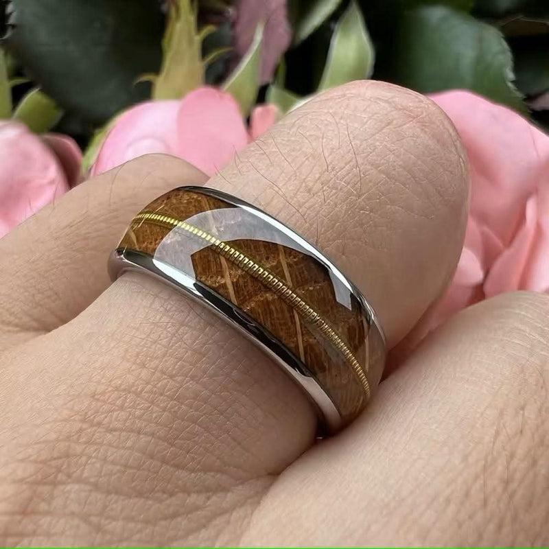 Men's Oak Wood Guitar String Inlay Comfort Fit Tungsten Ring-Rings-Sairahaz Jewelers