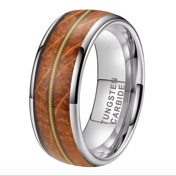 Men's Oak Wood Guitar String Inlay Comfort Fit Tungsten Ring