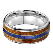 Men's Whiskey Wood Guitar String Lapis Inlay Comfort Fit Tungsten Ring-Rings-Sairahaz Jewelers