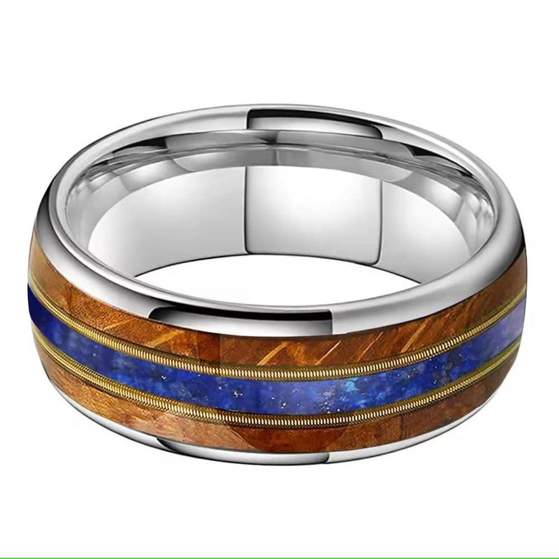 Men's Whiskey Wood Guitar String Lapis Inlay Comfort Fit Tungsten Ring-Rings-Sairahaz Jewelers