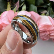 Men's Whiskey Wood Guitar String Lapis Inlay Comfort Fit Tungsten Ring-Rings-Sairahaz Jewelers