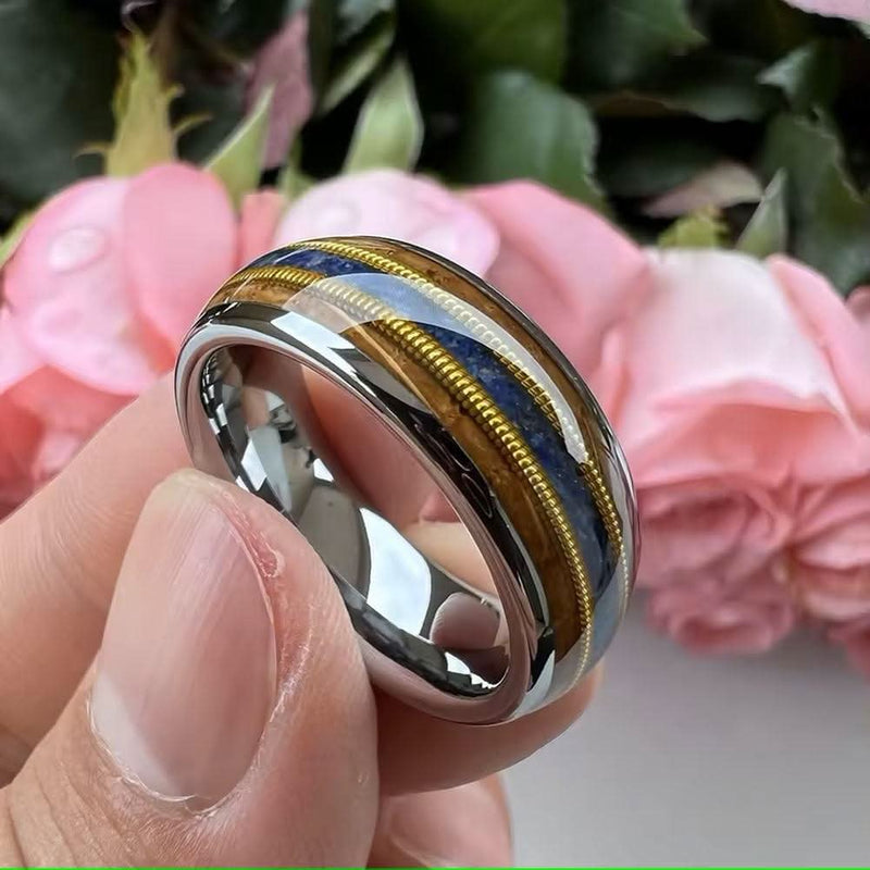 Men's Whiskey Wood Guitar String Lapis Inlay Comfort Fit Tungsten Ring-Rings-Sairahaz Jewelers