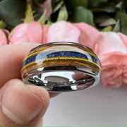 Men's Whiskey Wood Guitar String Lapis Inlay Comfort Fit Tungsten Ring-Rings-Sairahaz Jewelers