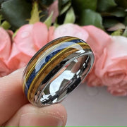 Men's Whiskey Wood Guitar String Lapis Inlay Comfort Fit Tungsten Ring-Rings-Sairahaz Jewelers