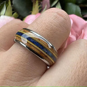 Men's Whiskey Wood Guitar String Lapis Inlay Comfort Fit Tungsten Ring-Rings-Sairahaz Jewelers