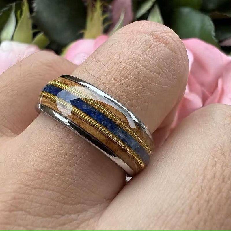 Men's Whiskey Wood Guitar String Lapis Inlay Comfort Fit Tungsten Ring-Rings-Sairahaz Jewelers
