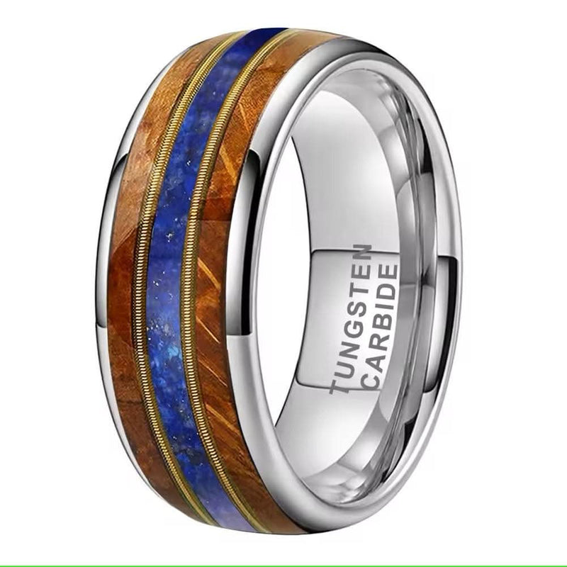Men's Whiskey Wood Guitar String Lapis Inlay Comfort Fit Tungsten Ring-Rings-Sairahaz Jewelers